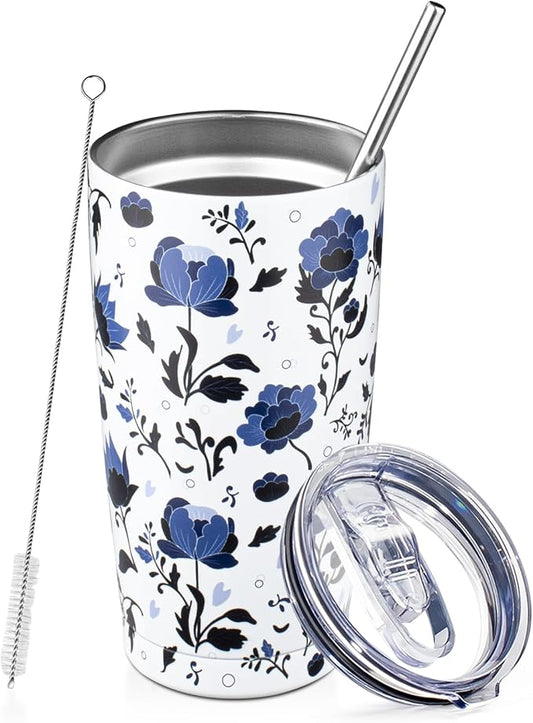 20oz Tumbler with Lid and Straw Double Wall Powder Coated Vacuum Insulated Coffee Tumbler Stainless Steel Travel Coffee Mug Spill-Proof Thermal Cup for Hot and Cold Beverage,Blue and White Porcelain