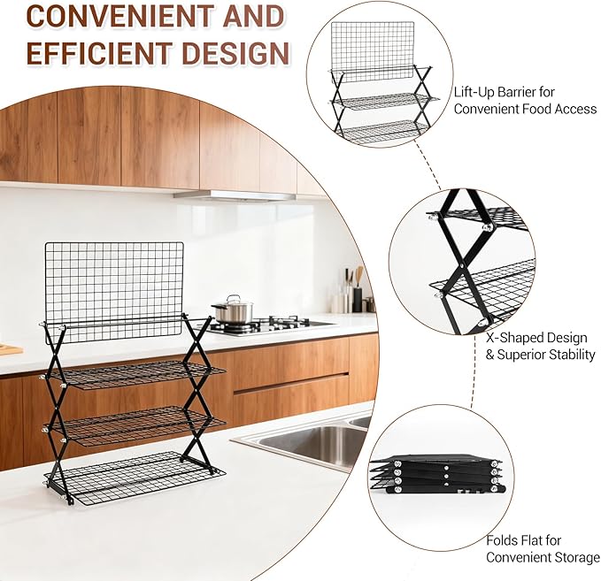 4-Tier Collapsible Cooling Rack - Adjustable Stackable Cooling Rack for Cooking and Baking, 16" x 10" Cookie Cooling Rack, Drying Rack - Black