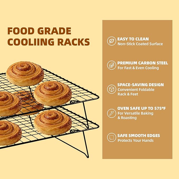 Cooling Rack, 3 Tier Stackable Cooling Racks for Cooking Baking Roasting, Multi-Level Collapsible Cookie Rack for Cakes, Oven Safe & Easy Clean (Black, 3-Tier)