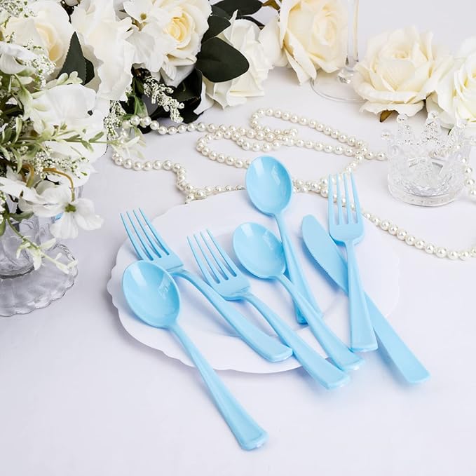 WDF 160 Piece Blue Plastic Silverware - Heavy Duty Blue Silverware Includes 80 Forks, 40 Spoons, 40 Knives, Disposable Plastic Utensils Perfect for Wedding, Graduation, Party,Easter