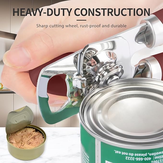 Can Opener Manual, Heavy Duty Stainless Steel Smooth Edge Can Openers With Soft Touch Handle, Oversized Handheld Easy Turn Knob, Multi-Function Bottle Opener, Red
