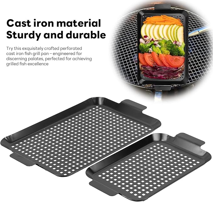 Outdoor Grill Pans Tray Barbecue Plate 2 Grilling Baskets Outdoor Grill Pans with Hole BBQ Grill Tray Grilling Basket Set for Camping Vegetable Meat (dark black)
