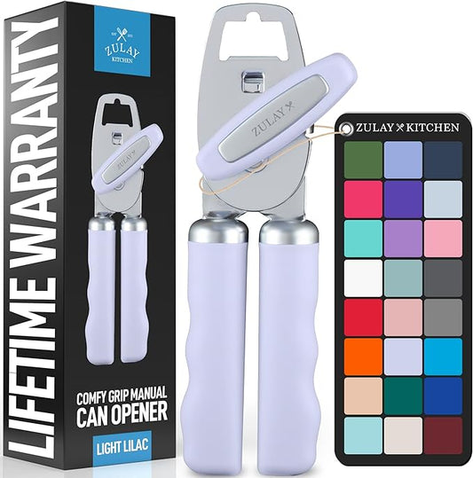 Zulay Kitchen Heavy Duty Stainless Steel Can Opener Manual with Bottle Opener - Rust Proof Manual Can Opener With Turn Knob & Comfy Soft Grip Handles - Light Lilac
