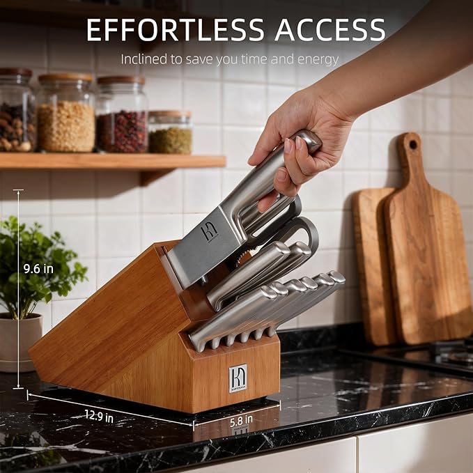 Knife Block Set with Two-stage Sharpener, 14-Piece | Razor Sharp Japanese Stainless Steel Kitchen Knives with Ergonomic Handles