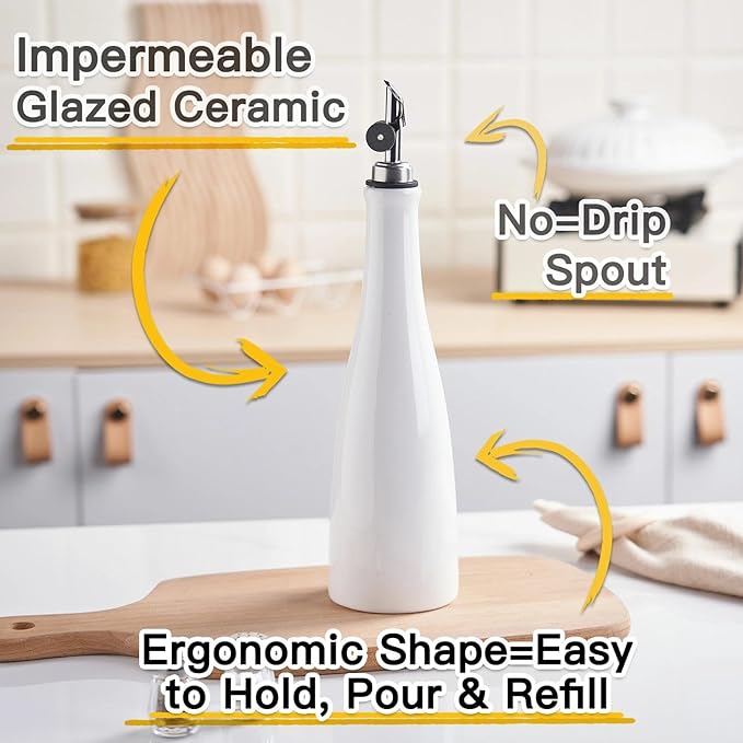 YOLIFE Olive Oil Dispenser Bottle, 20oz Ceramic Oil Dispenser for Kitchen, Oil Bottle with Gravity Spout, Leak Proof EVOO Dispensing Bottle with 2 Spouts and 1 Funnel for Vinegar, Juice(White)