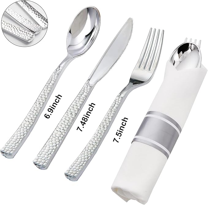 Supernal 60 Pack Pre-Rolled Silver Plastic Cutlery Heavy Duty Wrapped Silverware Disposable Premium Silver Plastic Silverware Forks and Spoons for Valentine's Day Mother's Day and Easter