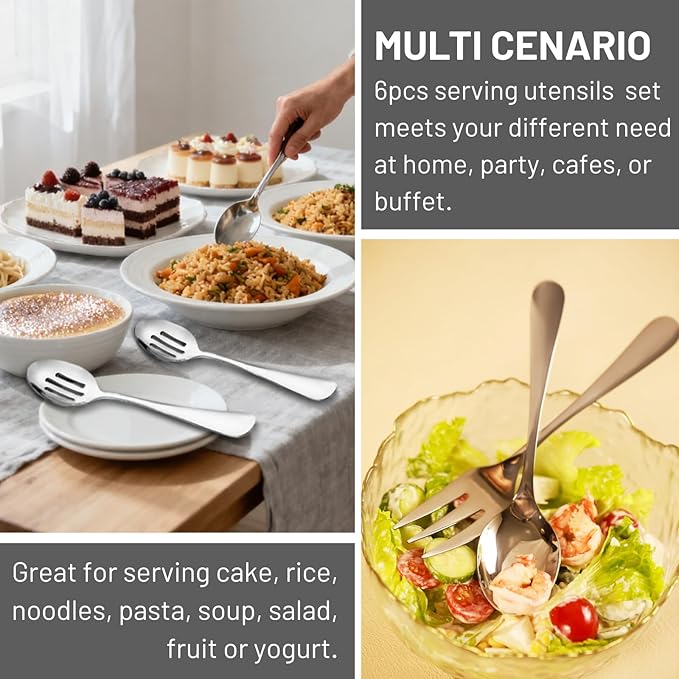 VIVANI 6-Piece Stainless Steel Serving Spoons and Forks Set, Serving Utensils for Parties, Buffet, Banquet and Kitchen, Dishwasher Safe, 8.6 Inches