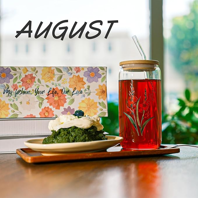 Birth Month Flower Iced Coffee Glass Cup 16oz Custom Tumbler Birthday Gifts Personalized Gifts for Women, Teachers, Bridesmaids, Birthdays, Mom, Valentines