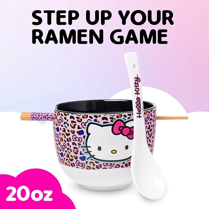Silver Buffalo Sanrio Hello Kitty Pink Leopard Print Ceramic Ramen Noodle Rice Bowl with Chopsticks and Spoon, Microwave Safe, 20 Ounces