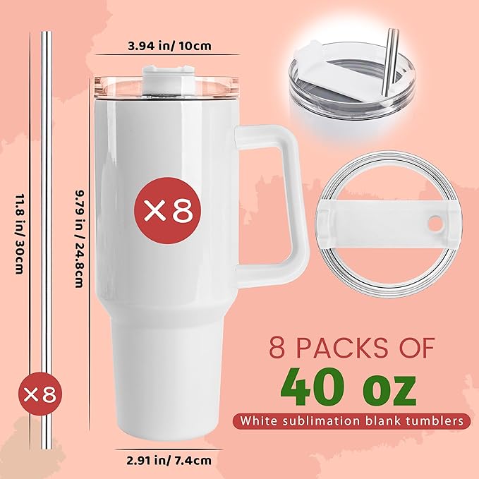 Joyclub 8 Pack 40 OZ Sublimation Tumblers with Handle Blank Insulated Large Tumbler Bulk, Coffee Travel Cups Stainless Steel Travel Mug for Diy Craft Heat Press Print