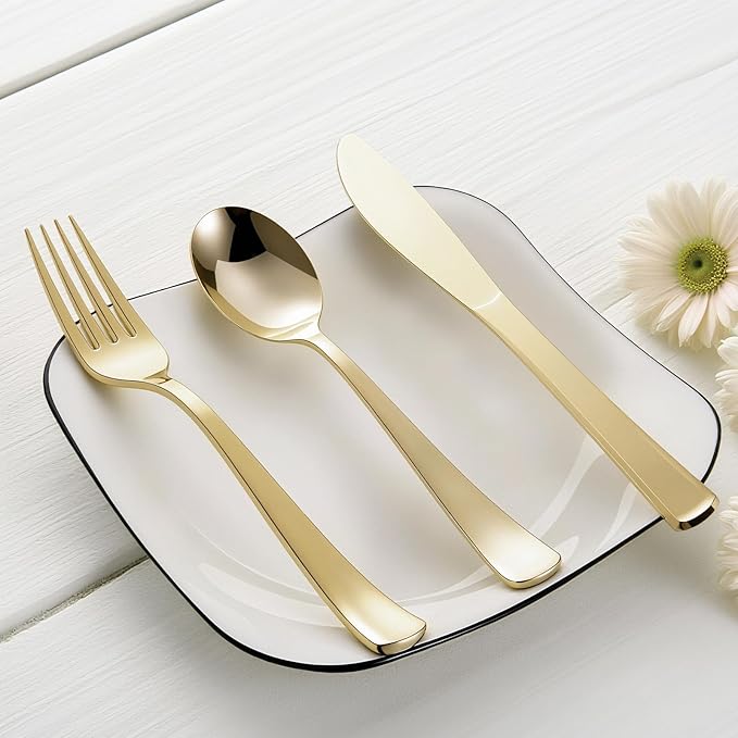 144 Pack Gold Premium Heavy Duty Plastic Silverware, 48 Forks, 48 Spoons, 48 Knives, For Catering, Parties, Dinners and Weddings, BPA-Free, Disposable Plastic Cutlery Set Utensils Set