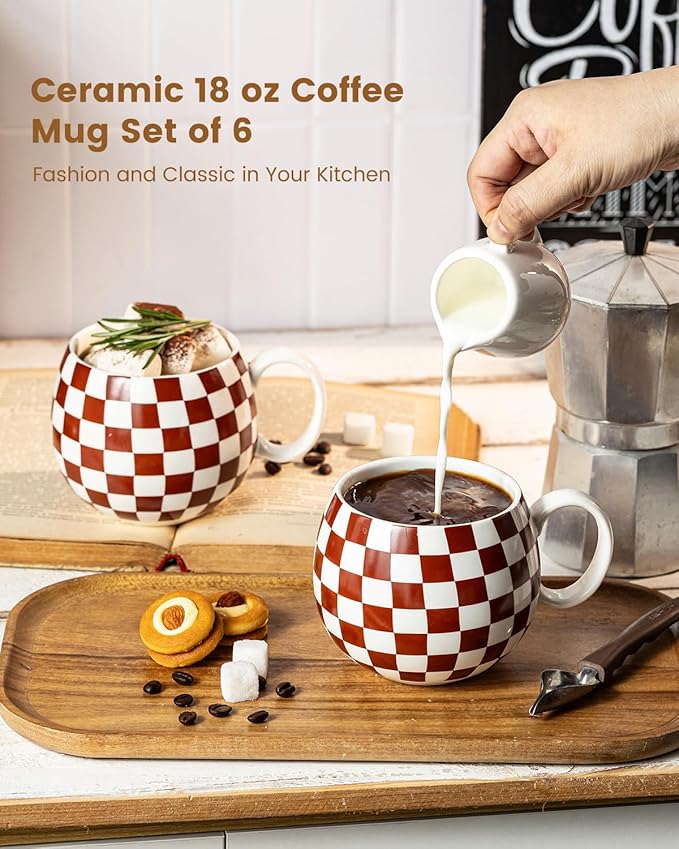 LAUCHUH Porcelain Coffee Mugs - 18 Ounce Large Mug Set of 6 Coffee Cups with Handle for Mother's Day, Tea Latte Cappuccino Milk Cocoa, Dishwasher & Microwave Safe, Brown and White