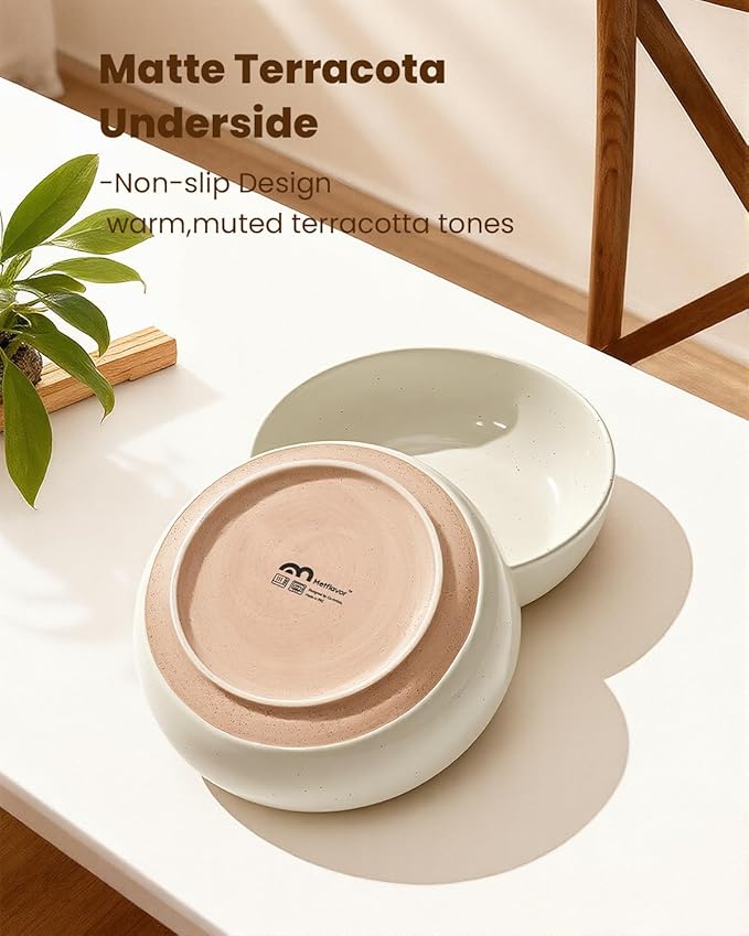 Pasta Bowls Set of 8, 34oz Speckled Ceramic Bowls Set for Serving Salad, Pasta, Soup, Dinner, 8" Wide and Deep Bowls, Dishwasher & Microwave Safe, Matte Terracotta Base (Warm White)