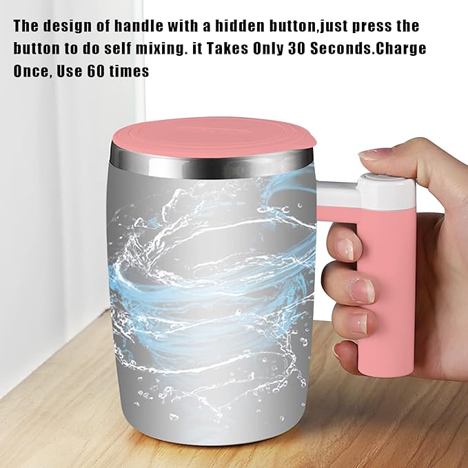 Self Stirring Mug,Rechargeable Auto Magnetic Coffee Mug with 2Pc Stir Bar,Waterproof Automatic Mixing Cup for Milk/Cocoa at Office/Kitchen/Travel 14oz Best Gift - Pink