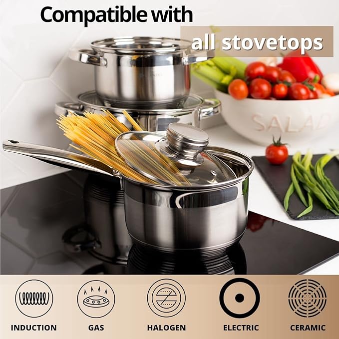 Daniks Standard 2 Quart Stainless Steel Stock Pot with Glass Lid, Try-Ply Bottom for Even Heating, Induction Compatible, Dishwasher Safe, Built-In Measuring Scale, Silver