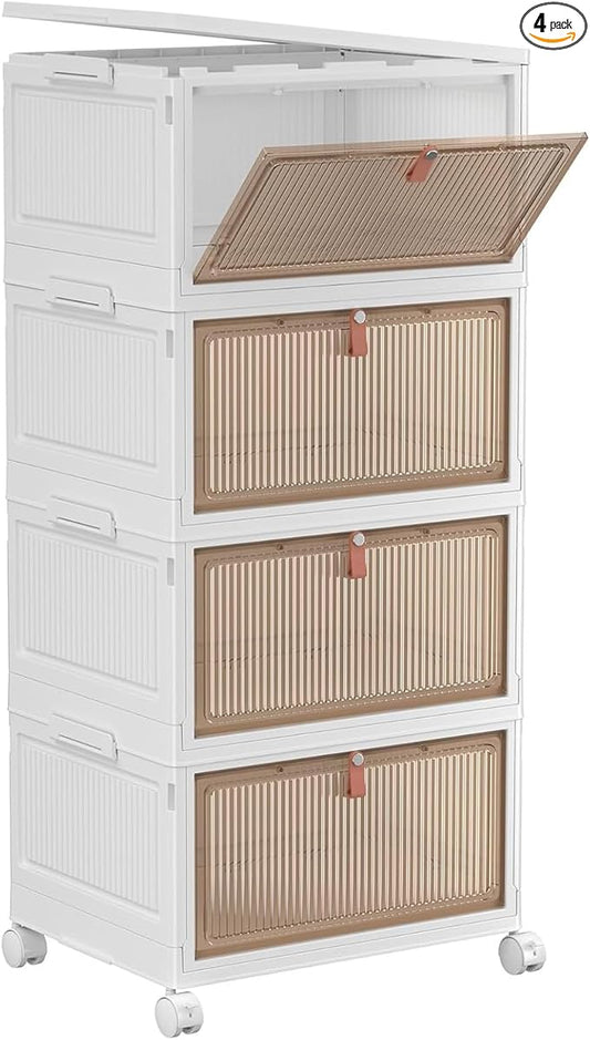 4 Tier Plastic Storage Bins with Lid 28QT - Stackable Storage Containers with Wheels, Folding Storage Boxes, Collapsible Storage Bins, Organizers and Storage