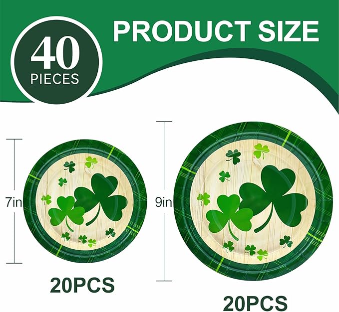 St Patrick's Day 40Pcs Disposable Paper Plates,Including 20pcs 9" and 20pcs 7" Plates,Strong and Sturdy Disposable Plates for St Patrick's Day Party, Dinner, Holiday, Picnic,Dinner Table, Wedding