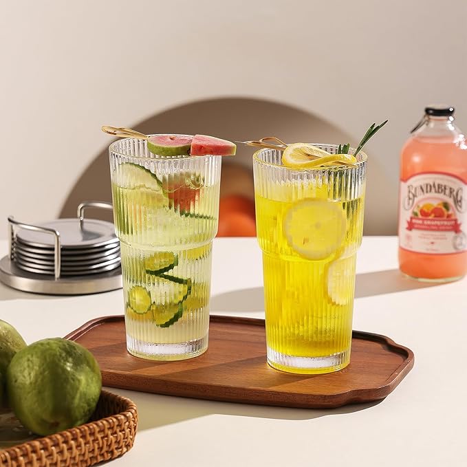 Ribbed Drinking Glasses with Lids & Straws, Leak-Proof 20oz and 15oz Glass Cups, 8PCS Glass Tumblers, Ideal for Home, Office, Outdoor Use