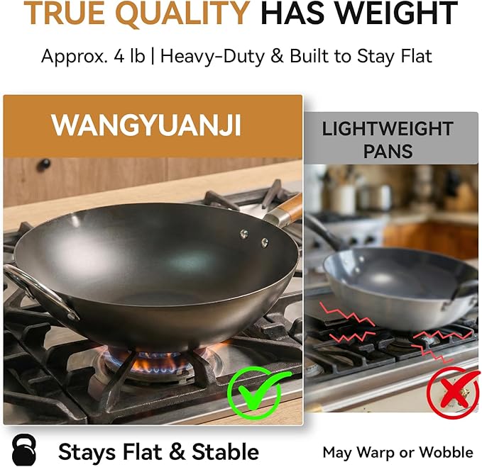 WANGYUANJI 14.2" Heavy Duty Carbon Steel Wok (Seasoning Required), Extra Large Refined Iron Stir Fry Pan for 4-6 People, Uncoated Flat Bottom Induction Wok