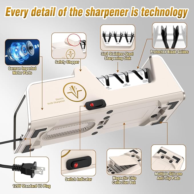 Professional Electric Knife Sharpener with 100% Diamond Abrasives, 3-Stage Precision Angle Guides, Champagne Gold, for Kitchen Straight Edge and Ceramic Knives