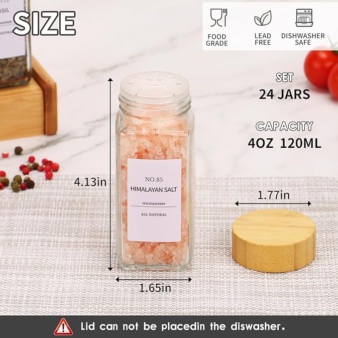 24-Pack Glass Spice Jars with Bamboo Lids, 4 Oz Clear Square Spice Containers with Airtight Seal, Spice Bottles Set with Labels, Shaker Lids and Funnel for Kitchen, Pantry Organization and Storage