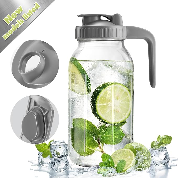 Mason Jar with Pour Spout Lid V-shaped, 64 oz Iced Tea Pitcher with Lids Double Leak Proof, 2 Quart Drink Pitcher for Breastmilk, Sun Tea, Juice, Coffee Creamer, Juice Containers