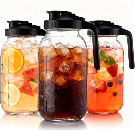 3 Pack 64oz Mason Jar Pitcher with Lid – Wide Mouth, Leakproof Glass Water Jug, Breast Milk Pitcher for Juice, Milk, Tea, Cold Brew Coffee（3 black）