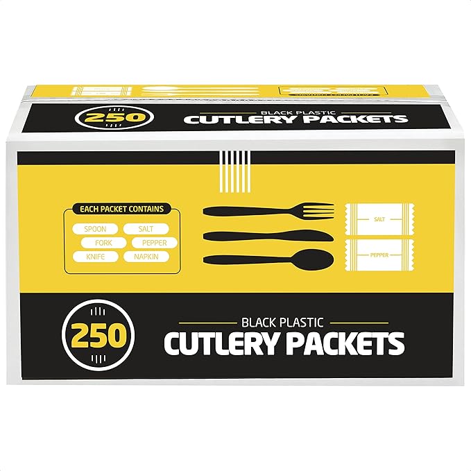 250 Disposable Cutlery Packets - Knife, Fork, Spoon, Napkin, Salt, Pepper Sets | Black & Silver Plastic Sets, Individually Wrapped Cutlery Kits