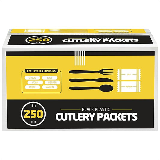 250 Disposable Cutlery Packets - Knife, Fork, Spoon, Napkin, Salt, Pepper Sets | Black & Silver Plastic Sets, Individually Wrapped Cutlery Kits