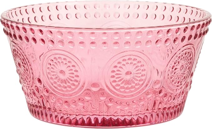 Boston International Vintage-Inspired Glass Serving Bowl with Embossed Floral Pattern for Salad Snacks Dinner, Small 4.75" x 2.25", Pink Codi