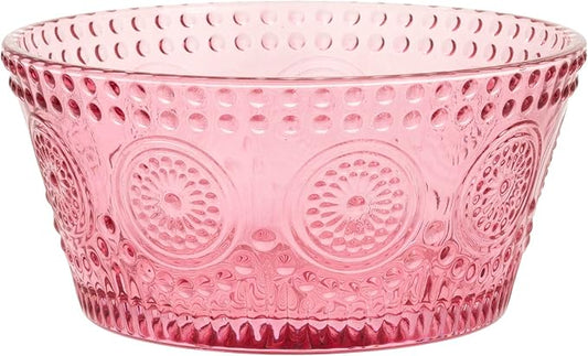 Boston International Vintage-Inspired Glass Serving Bowl with Embossed Floral Pattern for Salad Snacks Dinner, Small 4.75" x 2.25", Pink Codi