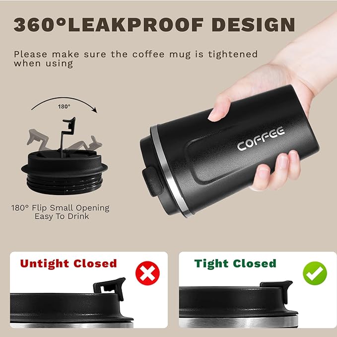 Travel coffee mugs leak-proof, reusable coffee cups with lids, stainless steel vacuum insulated coffee tumblers, thermal insulation cups for men & women keep drinks hot & cold(2nd-Black, 17OZ)
