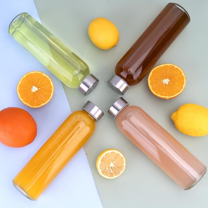 Sursip 18oz Glass Water Bottle Set of 6, Clear glass juice bottle for juicing，Reusable Drinking Bottles with Stainless Steel Lid，Beverage Storage Containers for Refrigerator-BPA Free，Leak Proof