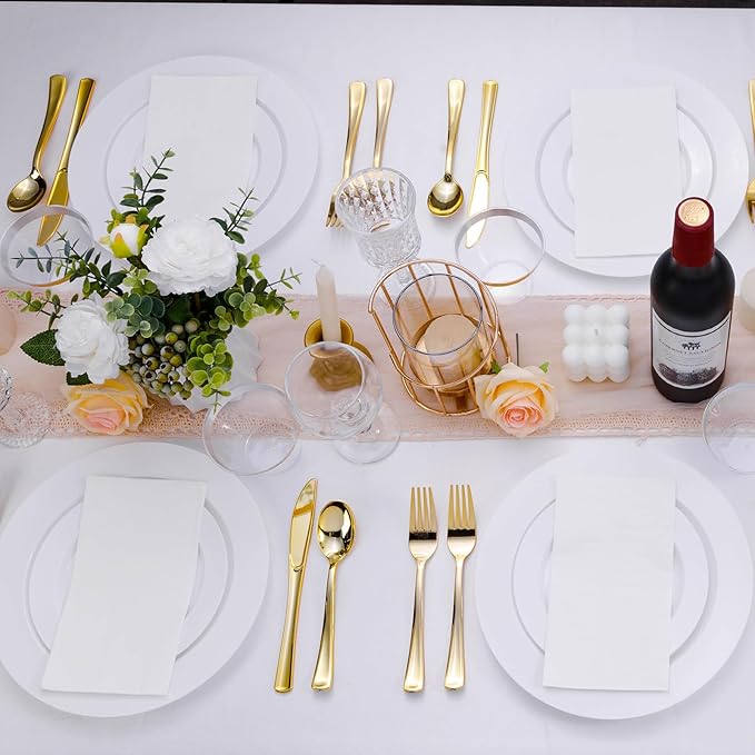 50PCS White Plastic Plates, Disposable Dinnerware for 25 Guests, Include 10.25 inch & 7.5 inch Dinner & Dessert Plates for Party, Wedding and Graduation