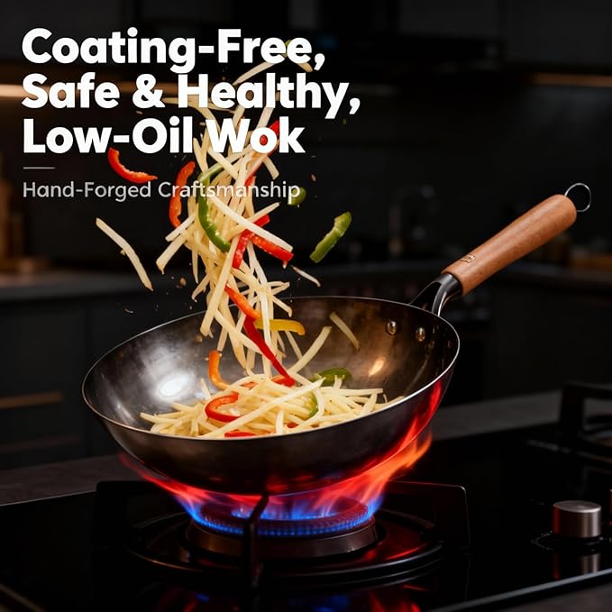 12" Pre-Seasoned Round Bottom Carbon Steel Wok with Lid - Hand-Forged Commercial Grade Chinese Wok for Open-Flame Gas Stovetops - Fast Even Heating, Ready-to-Use Toxin-Free Cooking, Easy Maintenance
