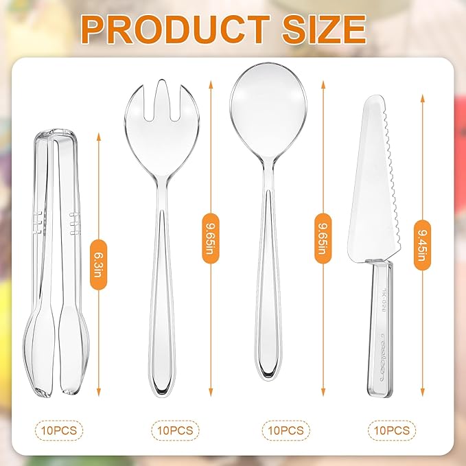 40 Set Disposable Plastic Serving Utensils Include10 Pcs 6.3" Serving Tongs 10 Spoons 10 Forks 10 Knives for Buffets Food Home Weddings Family Gathering Birthday Party Supplies(Clear)
