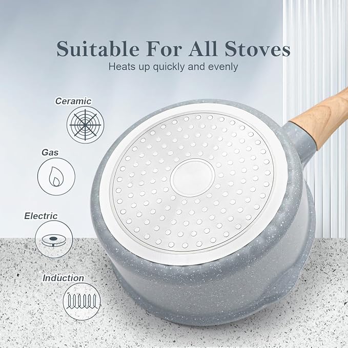 1.5 Quart Ceramic Nonstick Saucepan with Lid, Small Sauce Pot with Pour Spouts for Multipurpose Use, milk Pan with Detachable Handle, Oven Safe, Blue