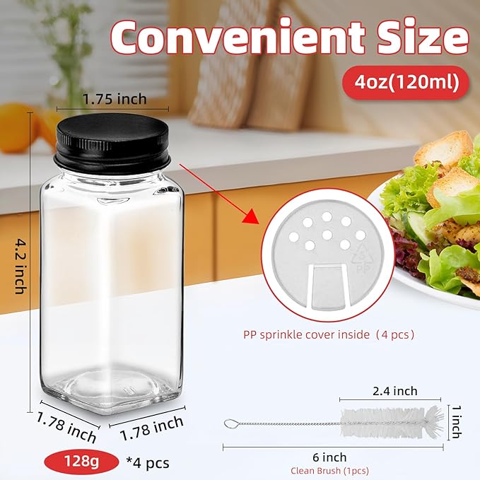 4Pcs 4oz Glass Spice Jars with Shaker Lids, Spice Jars Trial Set & Supplement Set, Empty Spice Containers and Square Spice Bottles for Kitchen (black iron Lids)