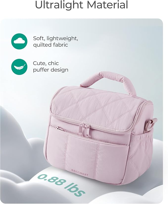 BAGSMART Insulated Lunch Bags for Women, Cute Quilted Lunch Box, Lightweight Puffy Padded Waterproof Lunch Tote, Reusable Lunch Cooler for Work Picnic Travel, Camel