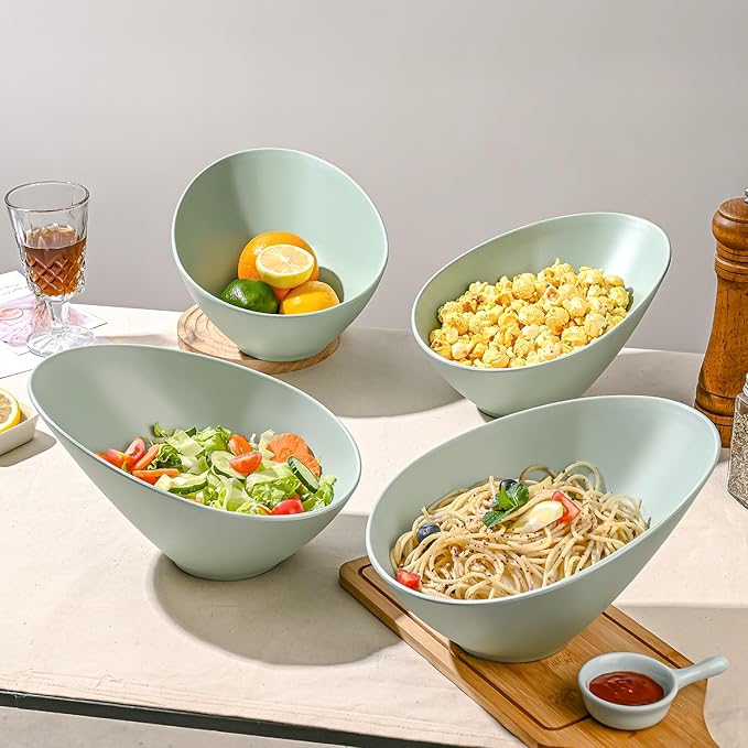 Bamboo Fiber Salad Bowls, 4 Packs Serving Bowls Blue Green, Compostable 33 Ounce Elegant Angled Bowls for Salad, Pasta, Soup, Prep, Ideal for Home and Restaurant