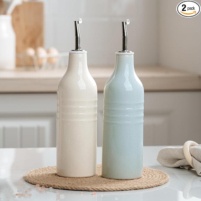famiware Jupiter 16oz Ceramic Olive Oil Dispenser Bottle, Oil and Vinegar Dispenser Bottle Set of 2 with Stainless Steel Pourers, Suitable for Storage Vinegar, Liquids, Light Blue & Vanilla White