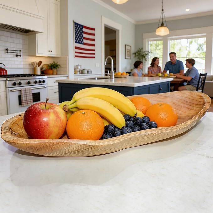 15-Inch Wavy Wooden Fruit Bowl - Handcrafted Solid Wood Decorative Basket for Kitchen Countertop - Large Rustic Dough Bowl Centerpiece, Natural Driftwood Decor for Bread & Snacks