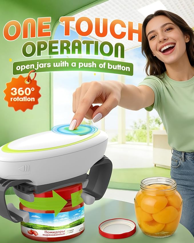 Electric Jar Opener One-Touch High Torque, Hands-Free Jar Opener for Weak Hands & Seniors, Battery Operated Jar Opener Kitchen Tool Fits Most Jar Sizes, White+Green