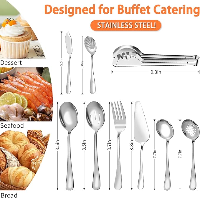 Serving Utensils Set for Buffet, 18 Pack Stainless Steel Serveware, Large Spoons, Slotted Spoon, Forks, Tongs, Butter Knife, Shell Spoons, Soup Ladle, Pie Server, for Party Festival Family, Silver