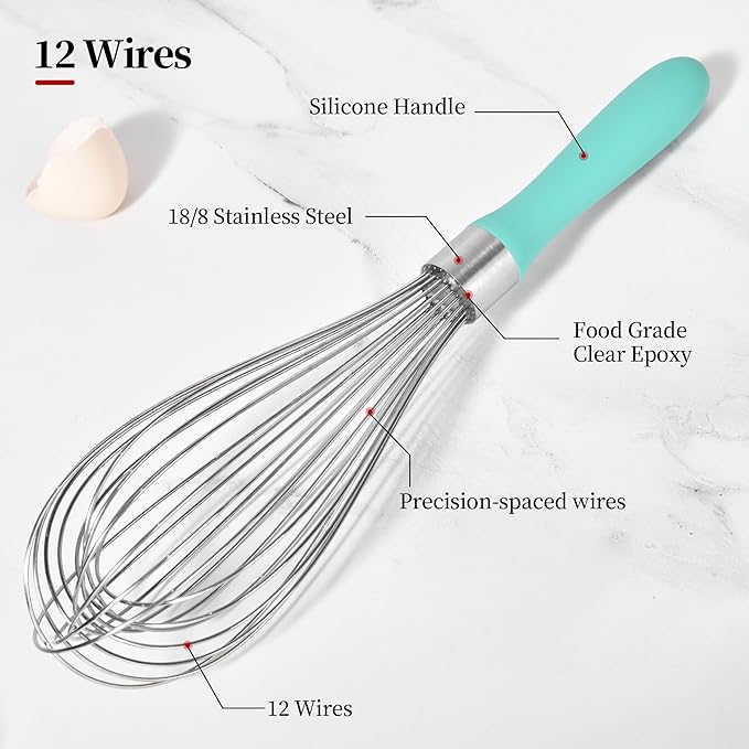 12inch Kitchen Wire Whisk, 18/10 Stainless Steel Metal Balloon Wisk （Large, Aqua Sky）