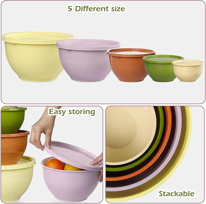 Plastic Mixing Bowls with Lids Set for Kitchen, Nesting Bowls for Mixing, Baking, Prepping, Cooking and Serving Food, Mixing Bowls Dishwasher, Microwave Safe (Yellow green)
