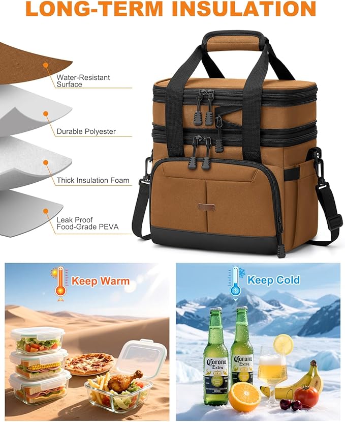 Lunch Box For Men Women Double Deck Insulated Lunch Bag For Men Woman Leakproof Expandable Cooler Bag with Adjustable Shoulder Strap for Work Shool Picnic(Brown,Medium)