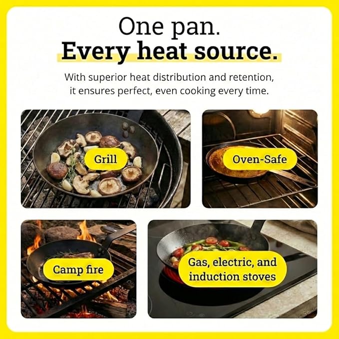 Lodge 12 Inch Carbon Steel Skillet - PFAS-Free Pre-Seasoned Carbon Steel Frying Pan for High-Heat Searing - Long Handle Design for Omelets, Grilling, and Campfire Cooking - Made in the USA