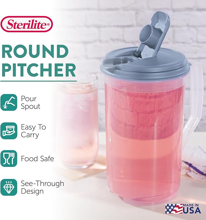 Sterilite 2 Quart Clear Round Plastic Pitcher, Dishwasher Proof with Blue Lid, Spout, and Handle for Easy Pouring, Washed Blue, 6-Pack