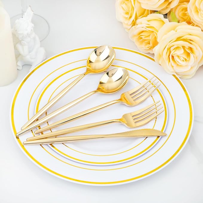 U-QE 120Pcs Gold Plastic Silverware, Luxury Plastic Cutlery, Heavy Weight Flatware, Gold Disposable Utensils Set Include 60 Forks, 30 Spoons,30 Knives for Party